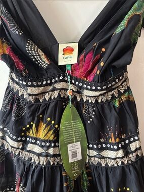 Gorgeous FARM Rio Black Tie-Shoulder Midi Dress Pink, Yellow & Green Print XS